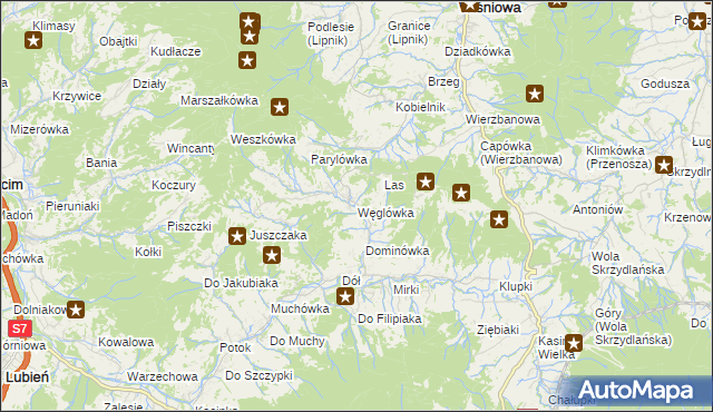 mapa Węglówka gmina Wiśniowa, Węglówka gmina Wiśniowa na mapie Targeo