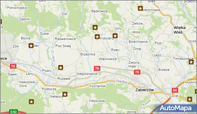 mapa Więckowice gmina Zabierzów, Więckowice gmina Zabierzów na mapie Targeo