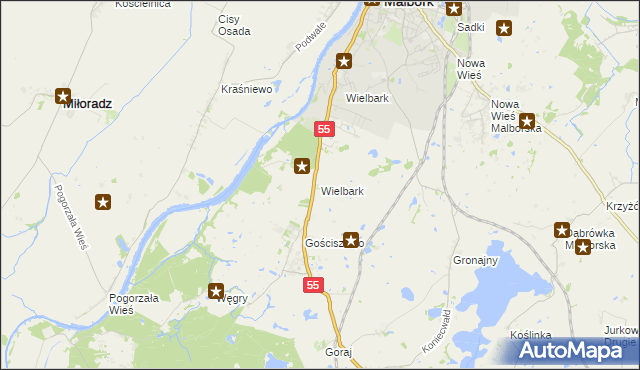 mapa Wielbark gmina Malbork, Wielbark gmina Malbork na mapie Targeo
