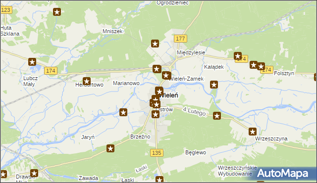 mapa Wieleń powiat czarnkowsko-trzcianecki, Wieleń powiat czarnkowsko-trzcianecki na mapie Targeo