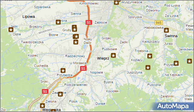 mapa Wieprz gmina Radziechowy-Wieprz, Wieprz gmina Radziechowy-Wieprz na mapie Targeo