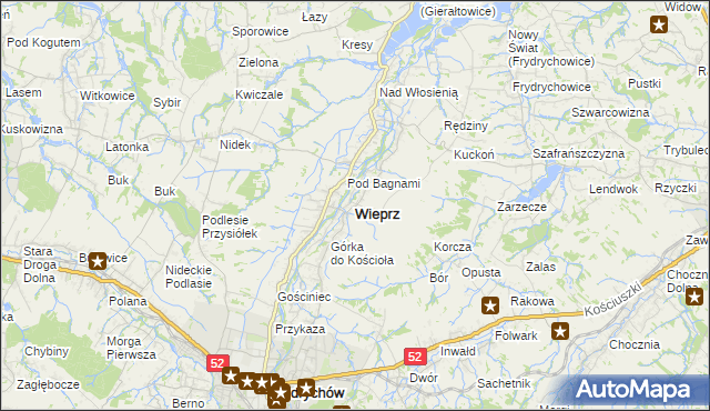 mapa Wieprz powiat wadowicki, Wieprz powiat wadowicki na mapie Targeo