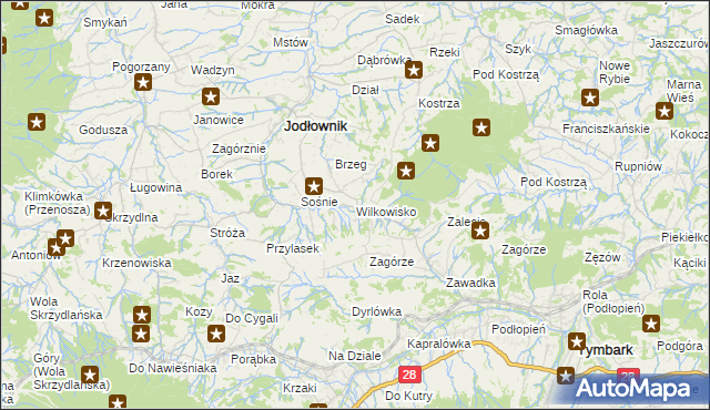 mapa Wilkowisko gmina Jodłownik, Wilkowisko gmina Jodłownik na mapie Targeo