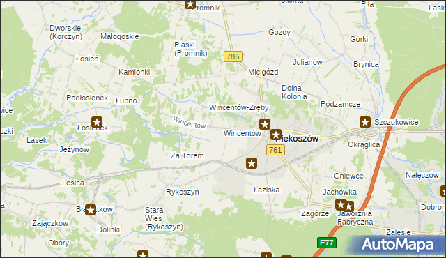 mapa Wincentów gmina Piekoszów, Wincentów gmina Piekoszów na mapie Targeo