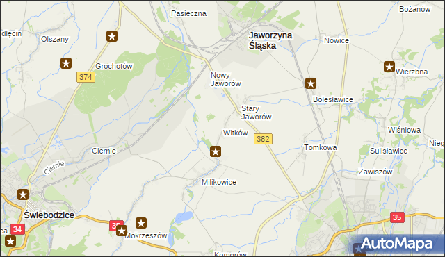 mapa Witków gmina Jaworzyna Śląska, Witków gmina Jaworzyna Śląska na mapie Targeo