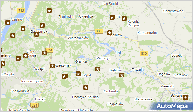 mapa Witoszyn gmina Kazimierz Dolny, Witoszyn gmina Kazimierz Dolny na mapie Targeo