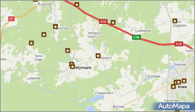 mapa Witoszyn gmina Wymiarki, Witoszyn gmina Wymiarki na mapie Targeo