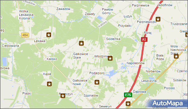 mapa Włodzimierz gmina Kamieńsk, Włodzimierz gmina Kamieńsk na mapie Targeo