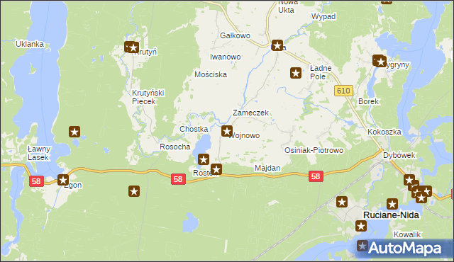 mapa Wojnowo gmina Ruciane-Nida, Wojnowo gmina Ruciane-Nida na mapie Targeo