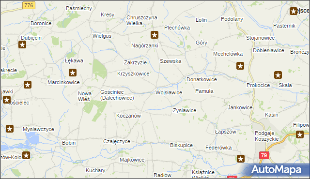 mapa Wojsławice gmina Kazimierza Wielka, Wojsławice gmina Kazimierza Wielka na mapie Targeo