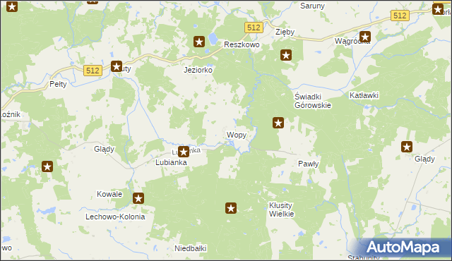 mapa Wopy gmina Pieniężno, Wopy gmina Pieniężno na mapie Targeo