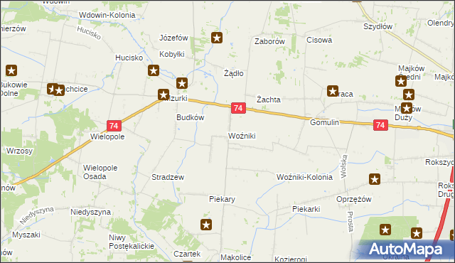 mapa Woźniki gmina Wola Krzysztoporska, Woźniki gmina Wola Krzysztoporska na mapie Targeo