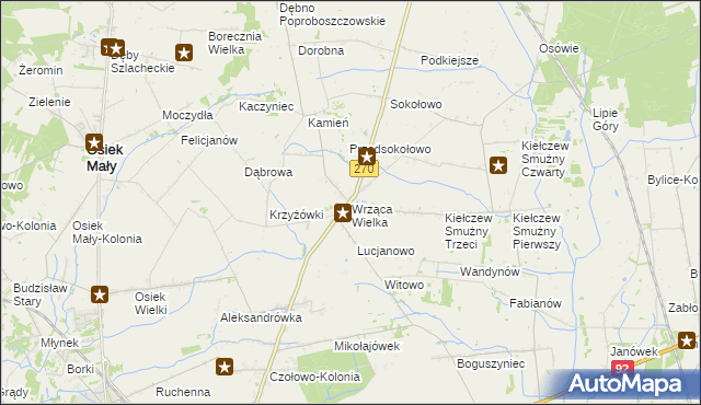 mapa Wrząca Wielka gmina Koło, Wrząca Wielka gmina Koło na mapie Targeo