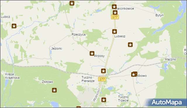 mapa Wrzosy gmina Tuczno, Wrzosy gmina Tuczno na mapie Targeo