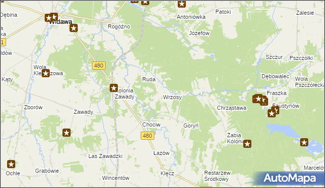 mapa Wrzosy gmina Widawa, Wrzosy gmina Widawa na mapie Targeo