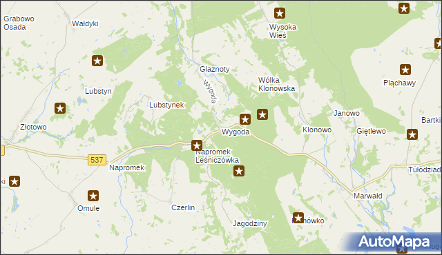 mapa Wygoda gmina Ostróda, Wygoda gmina Ostróda na mapie Targeo