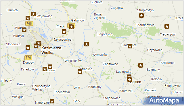 mapa Wymysłów gmina Kazimierza Wielka, Wymysłów gmina Kazimierza Wielka na mapie Targeo