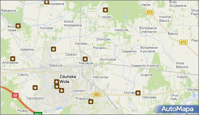 mapa Wymysłów gmina Zduńska Wola, Wymysłów gmina Zduńska Wola na mapie Targeo
