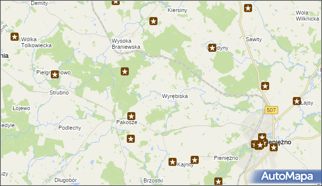 mapa Wyrębiska gmina Pieniężno, Wyrębiska gmina Pieniężno na mapie Targeo