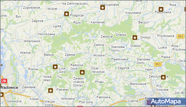 mapa Wysoka gmina Wadowice, Wysoka gmina Wadowice na mapie Targeo