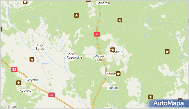 mapa Wysoki Grąd gmina Rozogi, Wysoki Grąd gmina Rozogi na mapie Targeo