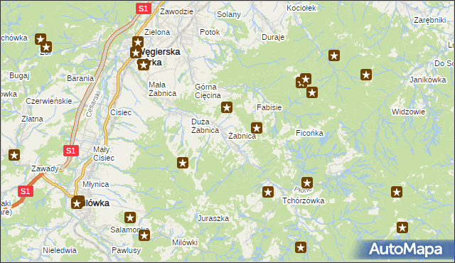 mapa Żabnica gmina Węgierska Górka, Żabnica gmina Węgierska Górka na mapie Targeo