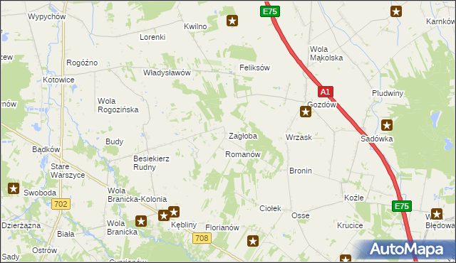 mapa Zagłoba gmina Stryków, Zagłoba gmina Stryków na mapie Targeo