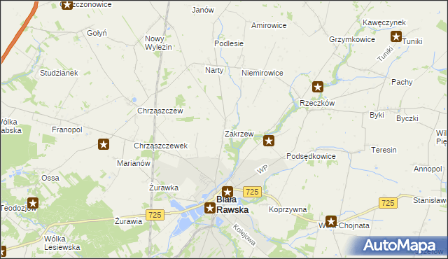 mapa Zakrzew gmina Biała Rawska, Zakrzew gmina Biała Rawska na mapie Targeo