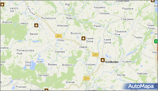mapa Załęże gmina Przodkowo, Załęże gmina Przodkowo na mapie Targeo