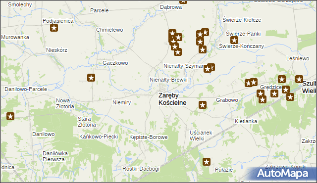 mapa Zaręby Kościelne, Zaręby Kościelne na mapie Targeo