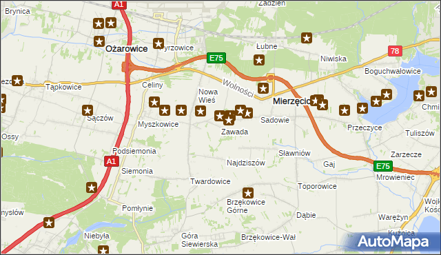 mapa Zawada gmina Mierzęcice, Zawada gmina Mierzęcice na mapie Targeo