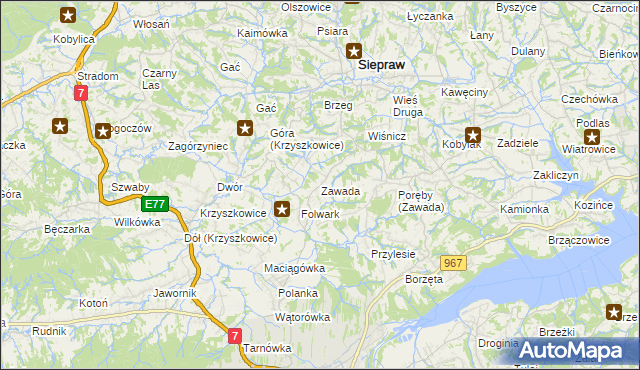 mapa Zawada gmina Myślenice, Zawada gmina Myślenice na mapie Targeo