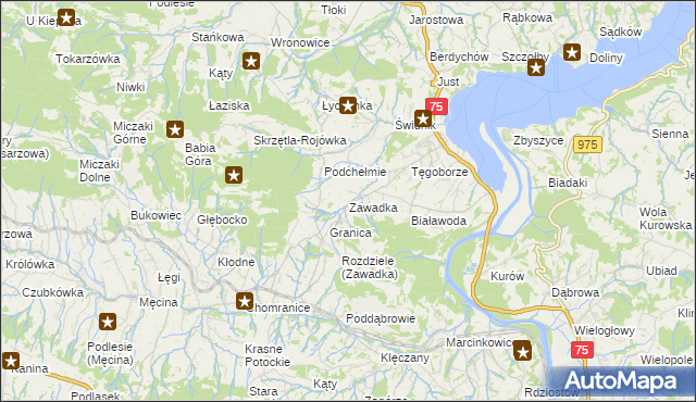 mapa Zawadka gmina Łososina Dolna, Zawadka gmina Łososina Dolna na mapie Targeo