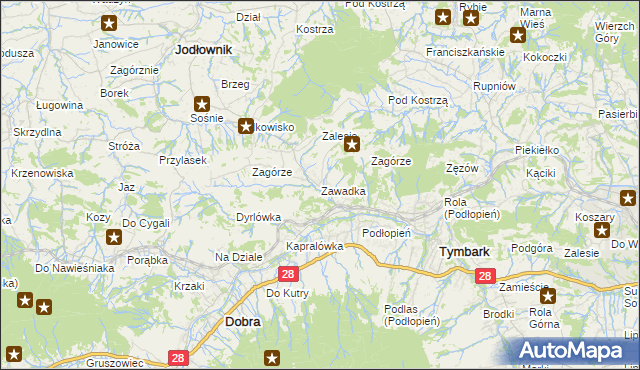 mapa Zawadka gmina Tymbark, Zawadka gmina Tymbark na mapie Targeo