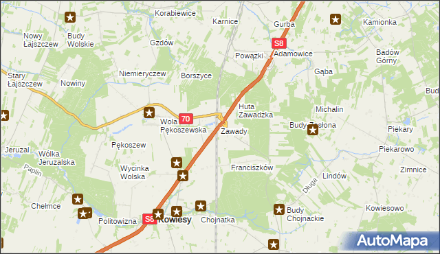 mapa Zawady gmina Kowiesy, Zawady gmina Kowiesy na mapie Targeo