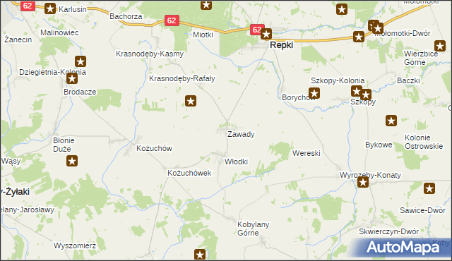 mapa Zawady gmina Repki, Zawady gmina Repki na mapie Targeo