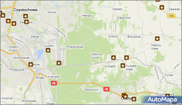 mapa Zielona Góra gmina Olsztyn, Zielona Góra gmina Olsztyn na mapie Targeo