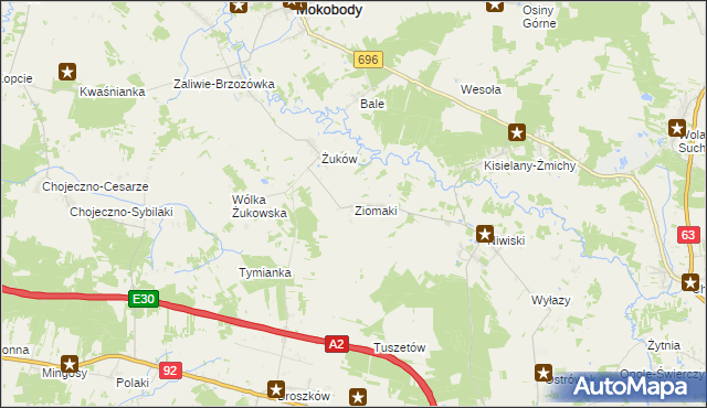 mapa Ziomaki gmina Mokobody, Ziomaki gmina Mokobody na mapie Targeo
