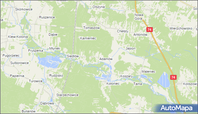 mapa Adamów gmina Żarnów, Adamów gmina Żarnów na mapie Targeo