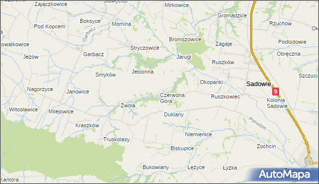 mapa Czerwona Góra gmina Sadowie, Czerwona Góra gmina Sadowie na mapie Targeo