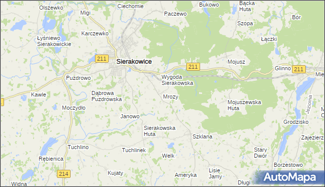 mapa Mrozy gmina Sierakowice, Mrozy gmina Sierakowice na mapie Targeo