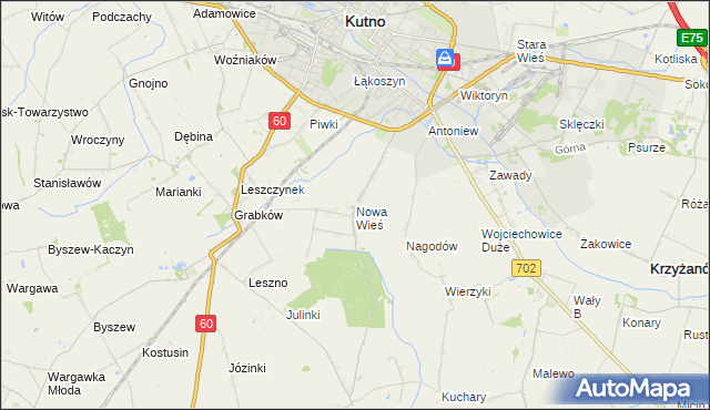 mapa Nowa Wieś gmina Kutno, Nowa Wieś gmina Kutno na mapie Targeo