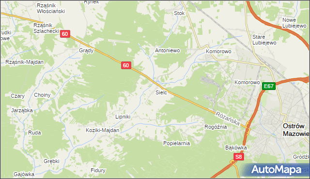 mapa Sielc gmina Ostrów Mazowiecka, Sielc gmina Ostrów Mazowiecka na mapie Targeo