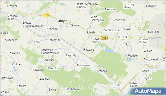 mapa Raczyce gmina Gnojno, Raczyce gmina Gnojno na mapie Targeo