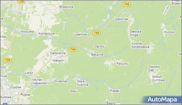 mapa Baczyna gmina Końskie, Baczyna gmina Końskie na mapie Targeo