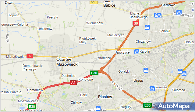 mapa Bronisze gmina Ożarów Mazowiecki, Bronisze gmina Ożarów Mazowiecki na mapie Targeo