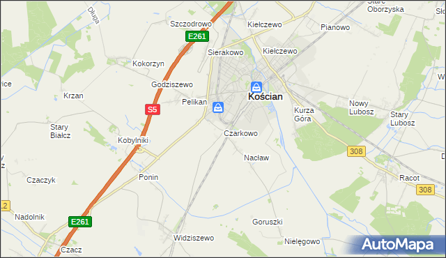 mapa Czarkowo gmina Kościan, Czarkowo gmina Kościan na mapie Targeo