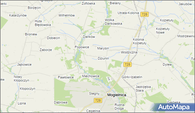 mapa Dziunin gmina Mogielnica, Dziunin gmina Mogielnica na mapie Targeo