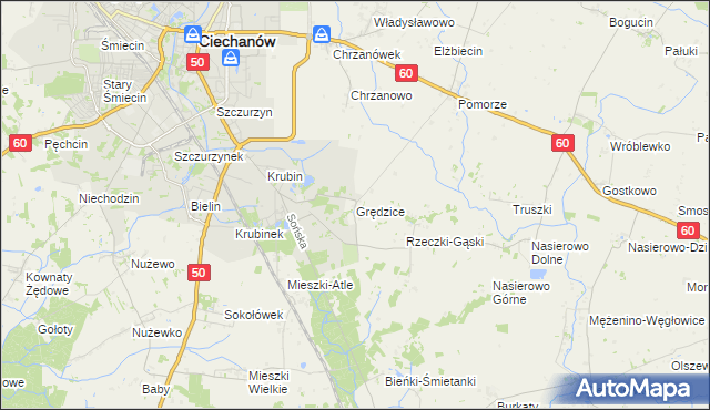 mapa Grędzice gmina Ciechanów, Grędzice gmina Ciechanów na mapie Targeo