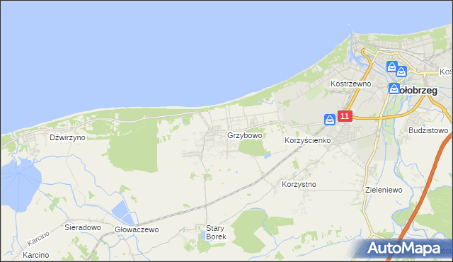 mapa Grzybowo gmina Kołobrzeg, Grzybowo gmina Kołobrzeg na mapie Targeo